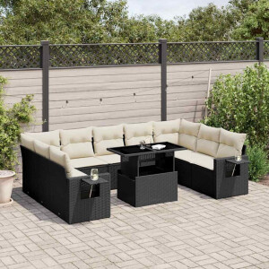 vidaXL 10-delige Loungeset met kussens poly rattan zwart