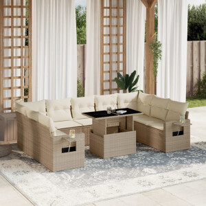 vidaXL 10-delige Loungeset met kussens poly rattan beige