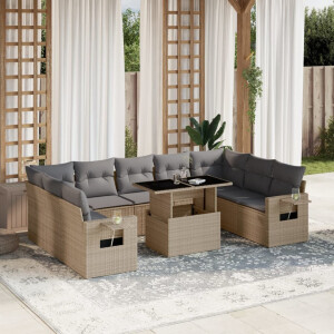 vidaXL 10-delige Loungeset met kussens poly rattan beige