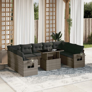 vidaXL 10-delige Loungeset met kussens poly rattan grijs