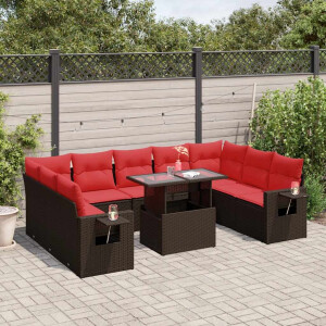 vidaXL 10-delige tuinbankset met kussens, bruin polyrotan