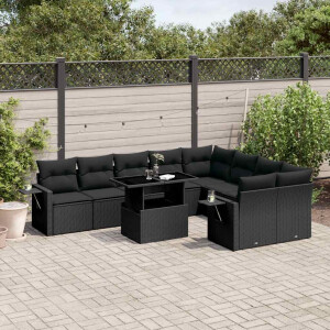 vidaXL 10-delige Loungeset met kussens poly rattan zwart