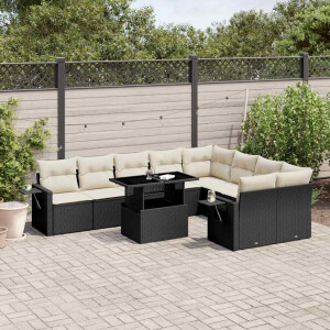 vidaXL 10-delige Loungeset met kussens poly rattan zwart