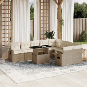 vidaXL 10-delige Loungeset met kussens poly rattan beige