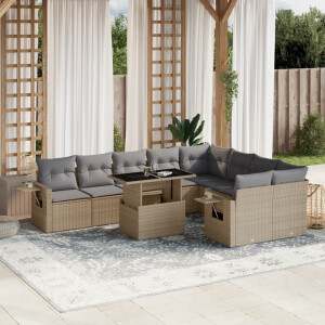 vidaXL 10-delige Loungeset met kussens poly rattan beige