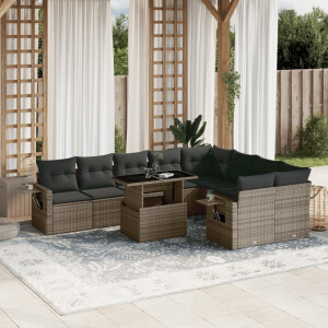 vidaXL 10-delige Loungeset met kussens poly rattan grijs