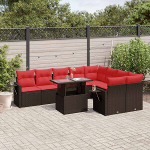 vidaXL 10-delige tuinbankset met kussens, bruin polyrotan