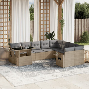 vidaXL 10-delige Loungeset met kussens poly rattan beige