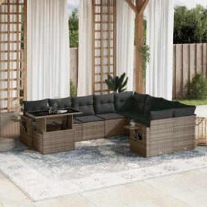 vidaXL 10-delige Loungeset met kussens poly rattan grijs