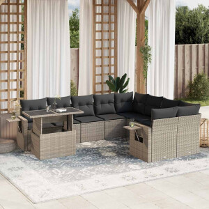 vidaXL 10-delige Loungeset met kussens poly rattan lichtgrijs