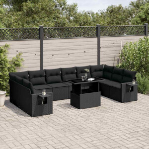 vidaXL 11-delige Loungeset met kussens poly rattan zwart