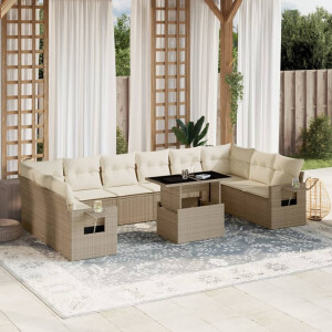 vidaXL 11-delige Tuinset met kussens poly rattan beige