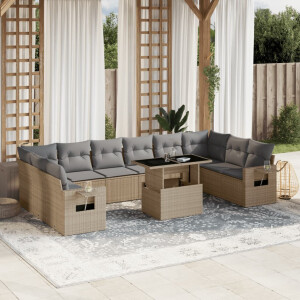vidaXL 11-delige Tuinset met kussens poly rattan beige