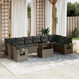 vidaXL 11-delige Loungeset met kussens poly rattan grijs