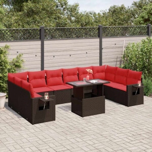 vidaXL 11-delige tuinbankset met kussens, bruin polyrotan