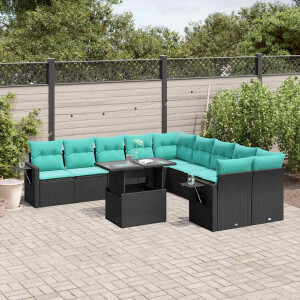 vidaXL 11-delige tuinbankset met kussens, zwart polyrotan