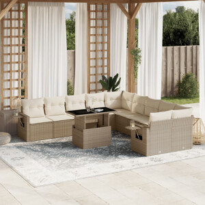 vidaXL 11-delige Tuinset met kussens poly rattan beige