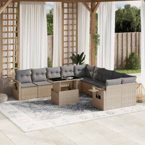 vidaXL 11-delige Tuinset met kussens poly rattan beige