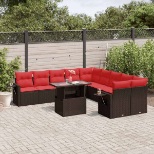 vidaXL 11-delige tuinbankset met kussens, bruin polyrotan