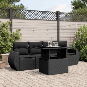vidaXL 5-delige Loungeset met kussens poly rattan zwart