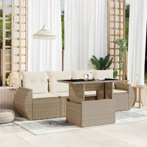 vidaXL 5-delige Loungeset met kussens poly rattan beige