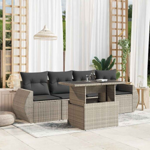 vidaXL 5-delige Loungeset met kussens poly rattan lichtgrijs