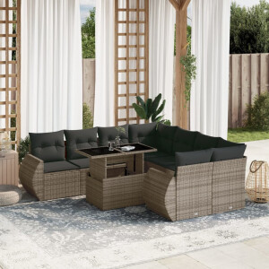 vidaXL 9-delige Loungeset met kussens poly rattan grijs