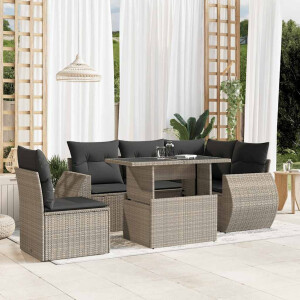 vidaXL 6-delige Loungeset met kussens poly rattan lichtgrijs