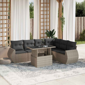 vidaXL 7-delige Loungeset met kussens poly rattan lichtgrijs