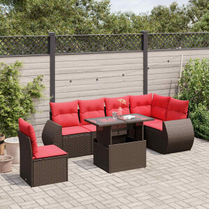 vidaXL 7-delige tuinbankset met kussens, bruin polyrotan