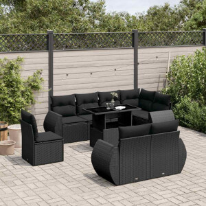 vidaXL 9-delige Loungeset met kussens poly rattan zwart
