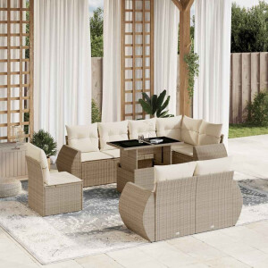 vidaXL 9-delige Loungeset met kussens poly rattan beige
