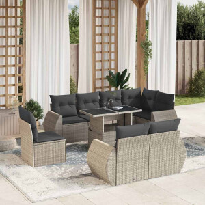vidaXL 9-delige Loungeset met kussens poly rattan lichtgrijs