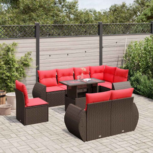 vidaXL 9-delige tuinbankset met kussens, bruin polyrotan