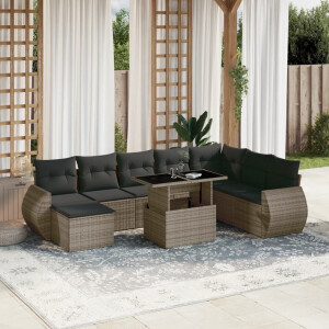 vidaXL 9-delige Loungeset met kussens poly rattan grijs