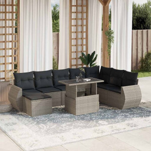 vidaXL 9-delige Loungeset met kussens poly rattan lichtgrijs
