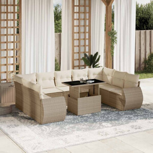 vidaXL 10-delige Loungeset met kussens poly rattan beige