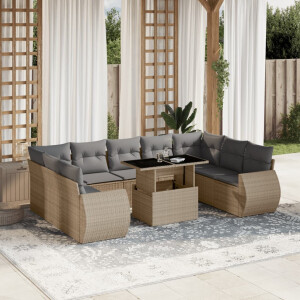 vidaXL 10-delige Loungeset met kussens poly rattan beige
