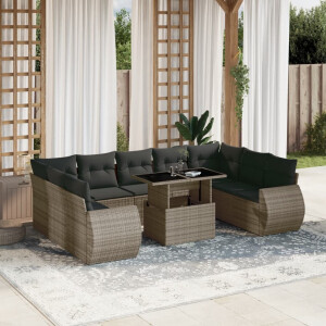 vidaXL 10-delige Loungeset met kussens poly rattan grijs