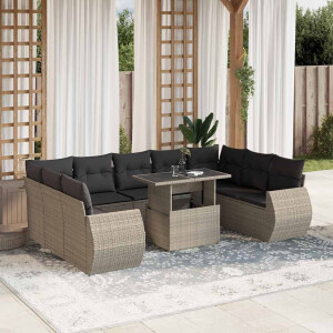 vidaXL 10-delige Loungeset met kussens poly rattan lichtgrijs