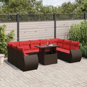 vidaXL 10-delige tuinbankset met kussens, bruin polyrotan