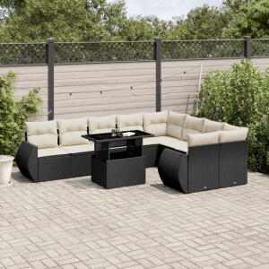 vidaXL 10-delige Loungeset met kussens poly rattan zwart