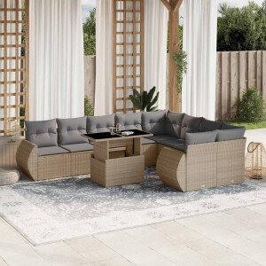 vidaXL 10-delige Loungeset met kussens poly rattan beige