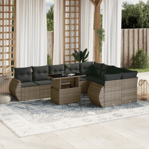 vidaXL 10-delige Loungeset met kussens poly rattan grijs
