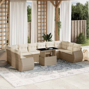 vidaXL 11-delige Tuinset met kussens poly rattan beige