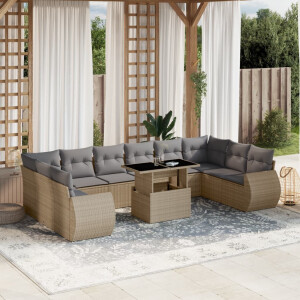 vidaXL 11-delige Tuinset met kussens poly rattan beige