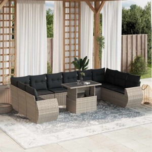 vidaXL 11-delige Loungeset met kussens poly rattan lichtgrijs