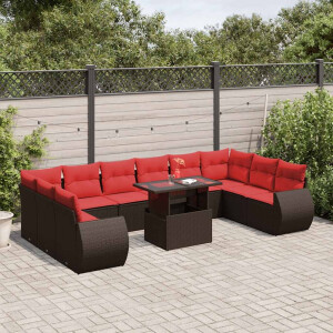 vidaXL 11-delige tuinbankset met kussens, bruin polyrotan