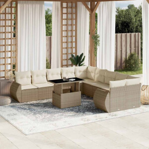 vidaXL 11-delige Tuinset met kussens poly rattan beige