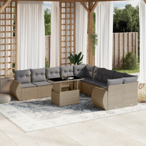 vidaXL 11-delige Tuinset met kussens poly rattan beige